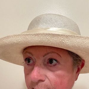 Stunning, elegant cream coloured wide brim hat with beautiful satin & tulle band